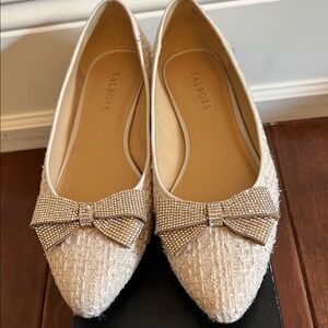 Talbots Women's Beige Tweed Flats with Rhinestone Bow